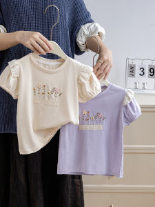 Girls Summer Short Sleeve T-Shirt Pure Cotton Casual Loose Childrens Clothing Versatile Kids Tops Korean Style round Neck Embroidery