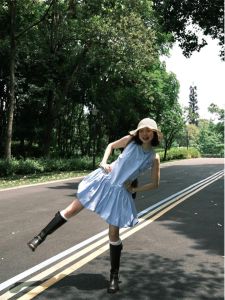 Váy Ngắn Chữ a Màu Xanh Hoa Cúc Mùa Hè Cho Nữ Váy Ngắn Không Tay Thiết Kế Pháp Mùa Hè 2024 Váy Chữ a Màu Trơn