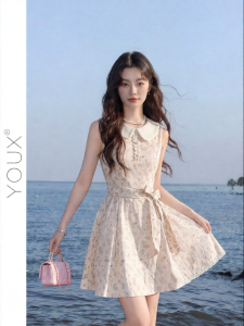 YOUXIANG | Đầm Dạng A-Line Hoa Không Tay Có Cổ Áo Ren Phong Cách Pháp