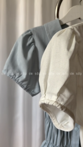Trắng kem/ Xanh pastel Linen mềm mát thấm hút Áo sơ mi cổ sen tay ngắn bồng thân bo chun tôn dáng cúc gài siêu xinh TM