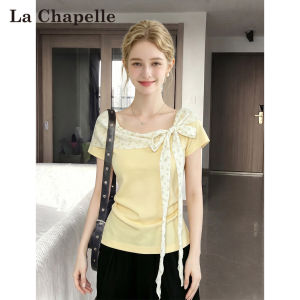 La Chapelle | Dopamine Yellow Off-shoulder T-shirt Slim Waist Bowknot