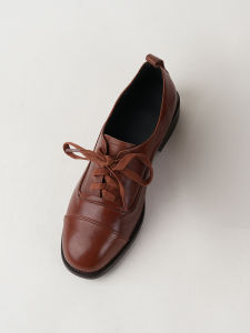 British Style round Toe Knot Casual Thick Heel Ladies Leather Shoes Spring 2025 Head Layer Cowhide Deep Mouth Single Shoes