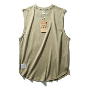 Wide Shoulder Pure Cotton Sport Vest! New Washed Loose Casual round Neck Sleeveless T-Shirt Solid Color Men Summer
