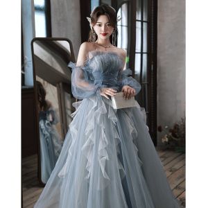Korean Blue Puff Sleeve Elegant Fairy JS Prom Evening Ball Enchanted Debut Long Gown Dress