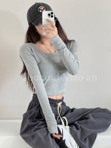 Slim Fit Crop Top T-Shirt Womens Collar Long Sleeve Base Layer Vintage Style Solid Color Commute Fashion Exposed Belly Button