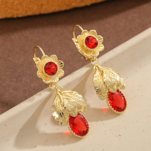 Vintage Court Copper Dangle Earrings with Floral Leaf Design & Red Artificial Gems Fit Banquets and Dinners.