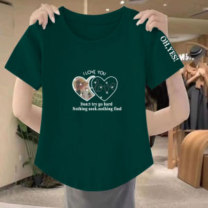 Pure Cotton Short Sleeve T-Shirt Womens Summer New Arrival K-style Loose Slimming round Neck All-Matching Printed Asymmetrical T-shirt Women