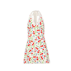 Azuriéra French Style Silk Chiffon Halter Neck Dress with Cherry Print V-neck Tied Waist Summer New Arrival A-line Short Dress