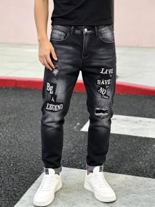 Spring and Autumn Retro Mens Black Letter Printed High Waist Jeans Trendy High Street Slim Ripped High Street Straight Pants