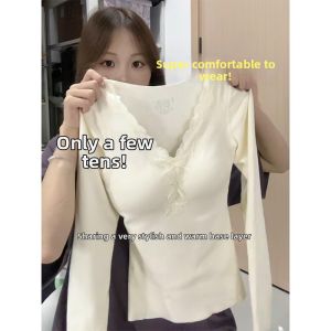XIANGBAIWEI | Bow Lace Edge V-Neck Warm Padded Top