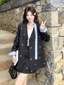 Elegant Casual Embroidered Butterfly Knot Suit Skirt Set Womens Fashion 2025 Autumn New Style Long Sleeve V-Neck Button up