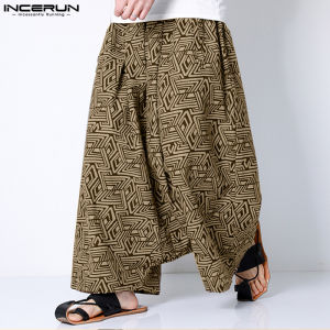 INCERUN Mens Loose Casual Printed Cotton Loose Ethnic Wear Drape Wide Leg Pants Floor-Length Trousers