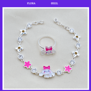 FLORA 0511L - Set bạc ta lắc tay nhẫn hình chó con Cinnamoroll dành cho bé gái
