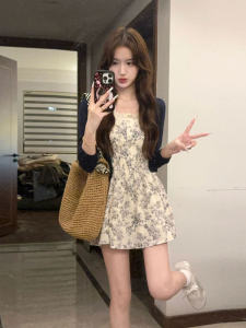 Bộ hai mảnh CHANGTONG đầm ren hoa chữ A và cardigan phong cách Hàn Quốc mùa thu 2025