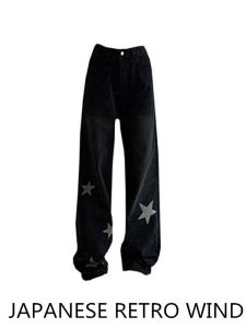 กางเกงยีนส์ทรงตรงเอวสูงสไตล์อเมริกันสำหรับผู้หญิง กางเกงขายาวทรงหลวมๆ ดีไซน์เรโทรสำหรับฤดูใบไม้ร่วงและฤดูหนาว