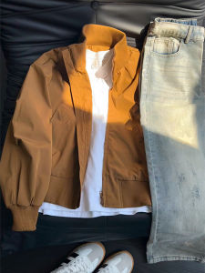 Vintage Khaki Short Baseball Style Mens Jacket Autumn Barn Wind Stand Collar American Flight Jacket Loose Fit Polyester Fiber