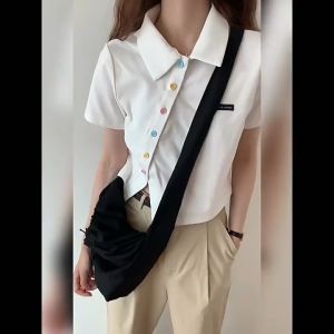 Irregular Short Sleeve Polo Collar T-shirt Short Top