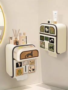 ชั้นวางกระดาษชำระสองชั้นสไตล์วินเทจ ชั้นวางกระดาษชำระในห้องน้ำแบบไม่ต้องเจาะ ชั้นวางกระดาษชำระกันน้ำ ชั้นวางของในห้องน้ำแบบอเนกประสงค์