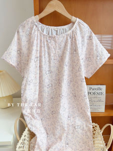 ชุดนอนผ้าฝ้ายแท้ลายกระต่ายน่ารักสำหรับฤดูร้อน เสื้อผ้าสำหรับใส่อยู่บ้าน แขนสั้น ระบายอากาศได้ดี คอกลม แขนสั้น กระโปรงสั้น