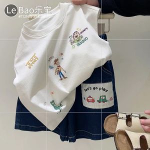 Korean Style Boys Summer Outfit Baby Fashionable Pure Cotton White Vest T-Shirt Cool Shorts Set Child Clothing Ensemble