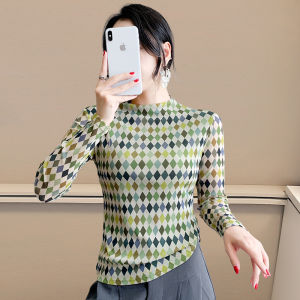 REHIN ลายจุดตาข่ายพิมพ์ลายประดับเพชรคอสูง-เสื้อเข้ารูปพอดีแขนฤดูใบไม้ร่วงฤดูหนาวยาวสุดหรู