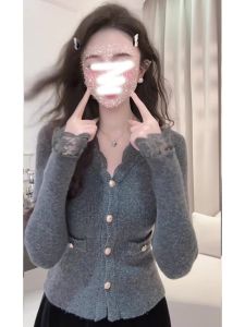Slim Fit Knitted Lace Patchwork V-neck Open Cardigan Womens Fashionable Elegant Spring Autumn Top Korean Style Regular Sleeve