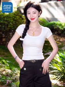 Jeanswest | Áo Thun Nữ Cổ Chữ U Tay Ngắn Dáng Ôm Màu Trắng