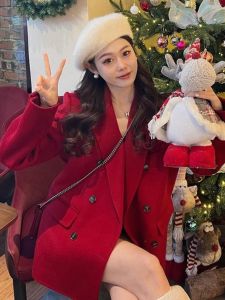 New Year Battle Robe Thickened Red Woolen Blazer Womens Winter New Arrival Korean Wear Temperament Goddess Style Suit