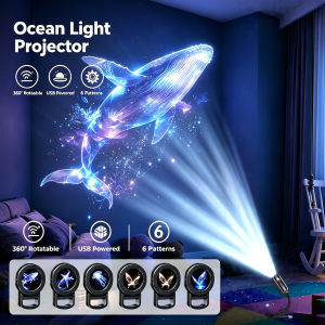 LED Night Light 6 in 1 Ocean Projector Light Plug and Play Whale Butterfly Replaceable Film 360° Adjustable Kids Room Wall Decor