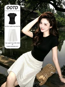 SUHUIQIAN | Chân Váy A-Line Đai Cao Chấm Bi Trắng Mùa Hè