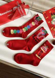 Antibacterial Marriage Cotton Socks Medium Tube Red Wedding Socks New Bride Combed Cotton Xinjiang Cotton Socks Gift Box of 3