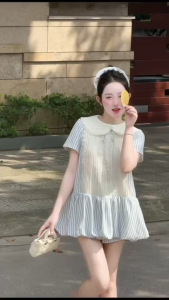 MK_Đầm tiểu thư xinh đầm vintage sọc du lịch mặc hè form babydoll dáng ngắn phối Ren cổ bèo buộc dây nơ kèm quần trong dế thương