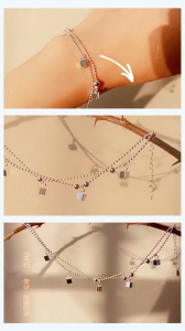 Lắc tay dây đôi bi cườm hộp vuông lập phương xi mạ bạc trắng sáng style hàn quốc hot trend mới