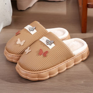 Mingya New Arrival Autumn and Winter PU Leather Surface Waterproof Womens Eva Thick Sole Minimalist Fashion Non Slip Cotton Slippers Home Ins