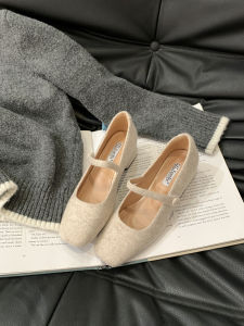 Chunky Heel Elegant Mary Jane Shoes French Every Night Square Toe Rhinestone Woolen Fluffy Shoes Womens Fall and Winter Outer Wear High Heel Flats