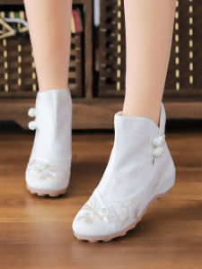 Autumn New Embroidered Dance Shoes Womens Ancient Style Heightening Cloth Boots Hanfu Slope Heel Cotton Boots Floral Pattern