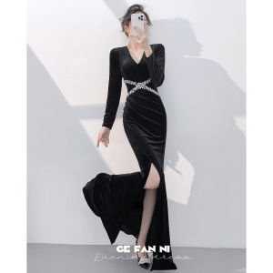 Elegant Host Long Sleeve Velvet Black Evening Gown