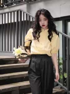 Elegant Chinese Style Shirt Womens Summer New Style Stand Collar Breathable Yellow Top Button Detail Bubble Sleeve Loose Fit