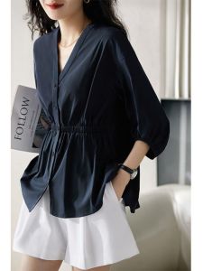 Elegant Simple Summer Workwear Shirt 3/4 Sleeves Waist-tightening UV Protection