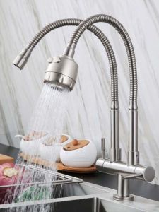 AZOS | Flexible Cold Water Double Valve 304 Stainless Steel Splash-proof Pressure-boosting Dual Faucet