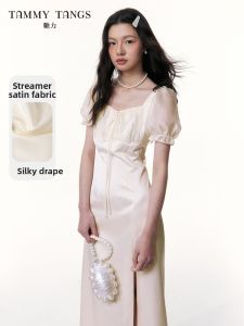 TAMMY TANGS | Summer New Style Short Sleeve High Waist Silk Satin Womens Dress Tea Break Skirt Bubble Sleeve City Commute Workwear Casual