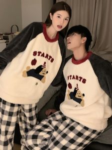 Couples Christmas Dog Thickened Coral Fleece Pajamas Long Sleeve Long Pants Home Clothes Warm Cute Large Size Mens Sleepwear