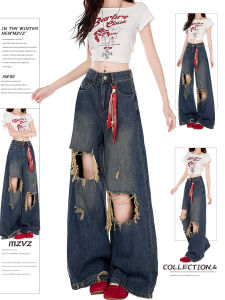 Quần Jeans Denim Ống Thẳng Rách Cổ Điển MZVZ Quần Ống Rộng Cạp Cao Cho Nữ Mùa Hè 2025 Quần Ống Rộng Dáng Rộng