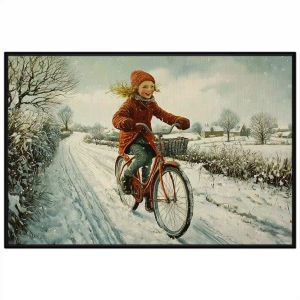 Tranh phong cảnh màu đông cô bé chạy xe đạp. Tranh treo tường dán tường sơn dầu canvasCGI-1958