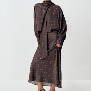 Two Piece Skirt Set Printed Polka Dot Satin Skirt Set Womens Long Sleeved Lace Up Shirt+high WAIST Midi Skirt Set