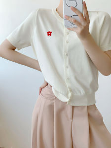 Korean Style Ice Silk Knitted Top Short Sleeve Open Cardigan Women Summer Thin Beautiful Exquisite Flower Embroidery T-Shirt