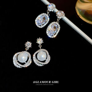 Super Shiny Silver Needle Zircon Flower Artificial Pearl Womens Earrings Luxury Versatile Elegant Ear Jewelry Fashionable