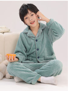 ชุดนอนเด็กผ้าฟลานเนลขนแกะบุขนแกะหนาสำหรับฤดูใบไม้ร่วงและฤดูหนาว เสื้อผ้าเด็กชายและเด็กหญิงสำหรับใส่อยู่บ้าน