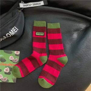 Womens Mid-Calf Socks Double Needle Label Stripe Color Block Diamond Pattern Trendy Sports Outdoor Accessories