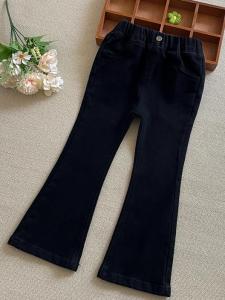 Girls Flared Jeans Autumn Winter New Style Elastic Denim Long Pants Fleece Lined Childrens Trousers High Waist Bandage Kids Clothing